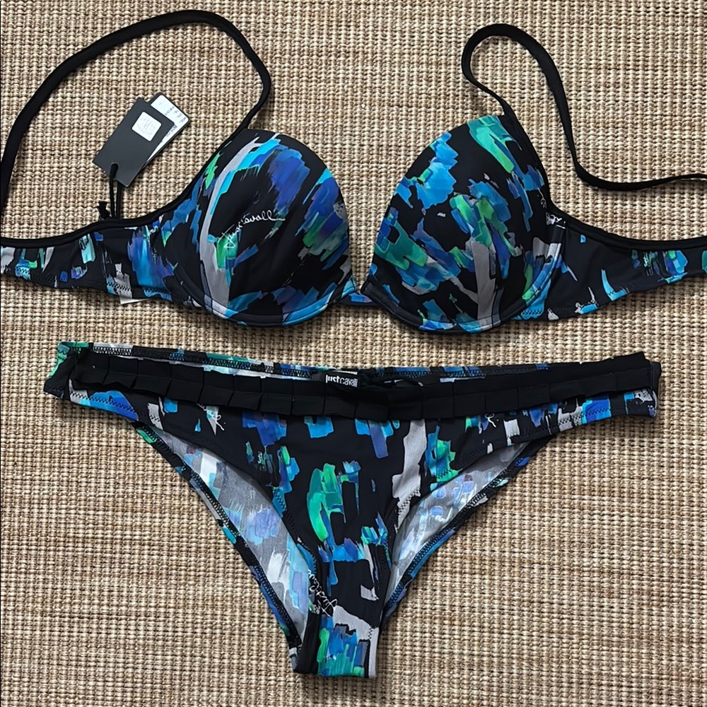 Just Cavalli Blue and Black Bikini Set with Artistic Flair